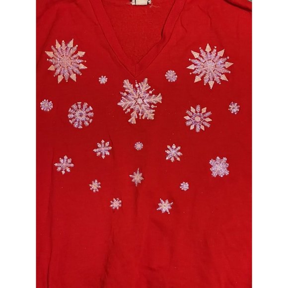 VINTAGE SNOWFLAKE Red Pullover V-neck SWEATER USA Size 38 Ugly Christmas Sweater - Picture 2 of 4